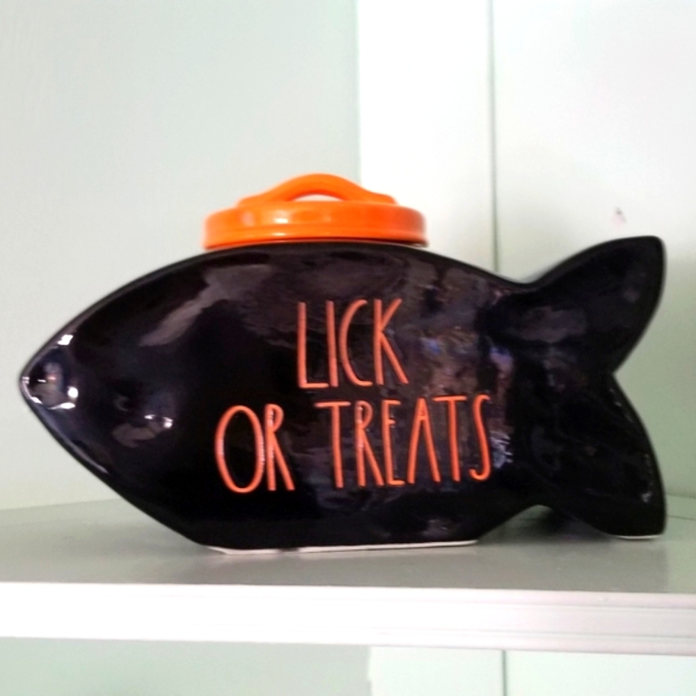 Rae Dunn LICK OR TREATS Fish Cat dog pet Canister jar Happy Halloween black